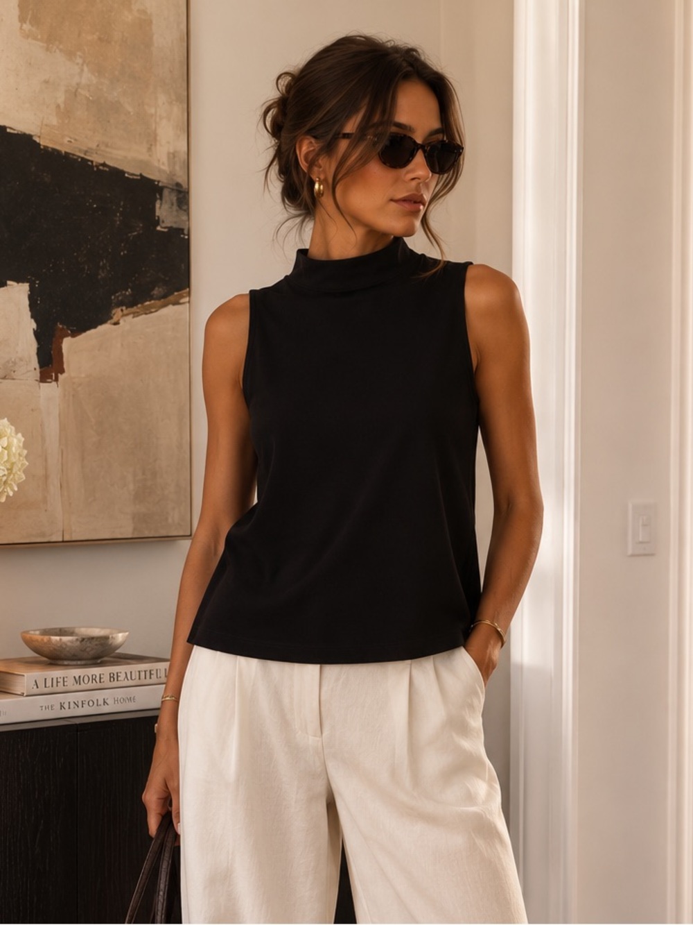 Eileen Fisher Black Organic Cotton Mock Neck Minimalist Sleeveless Swing Top XL